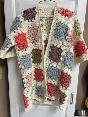 Cream Crochet Granny Square Cardigan with Mixed Color Squares